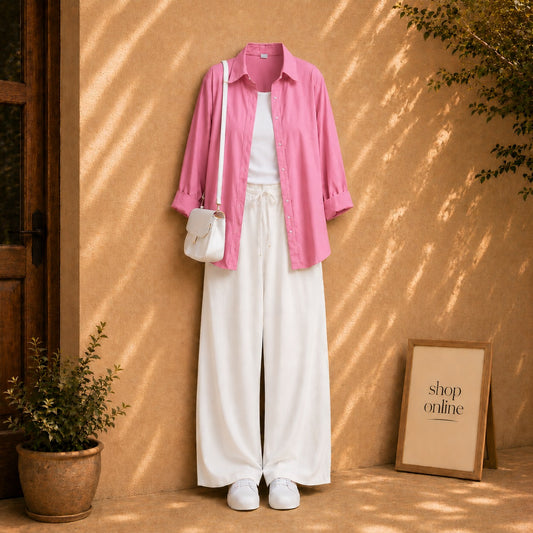 PINK BUTTON SHIRT WITH WHITE TANKTOP AND WHITE FLAPPER
