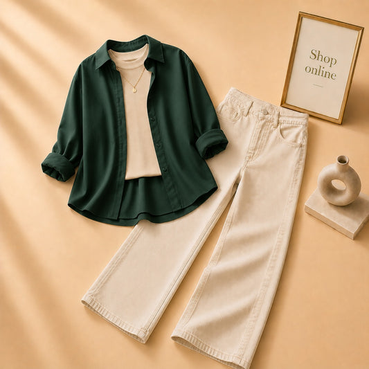 BOTTLE GREEN BUTTON SHIRT WITH BEIGE TANKTOP AND BEIGE WIDE LEG JEANS (3PCS)