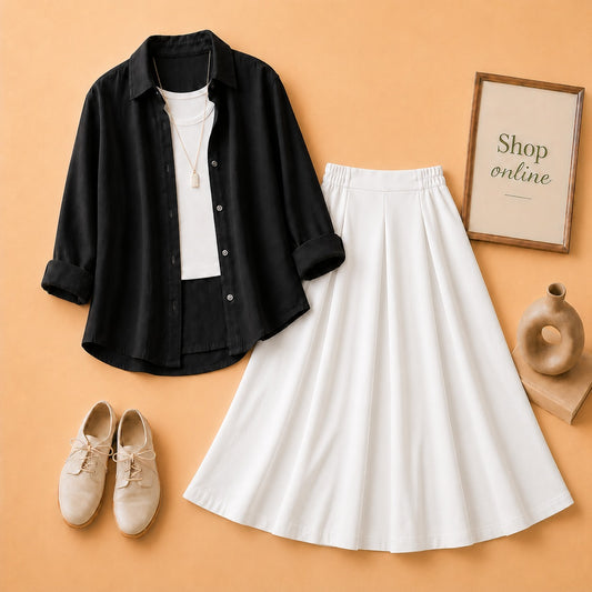 BLACK BUTTON SHIRT WITH WHITE TANKTOP AND WHITE TWILL SKIRT