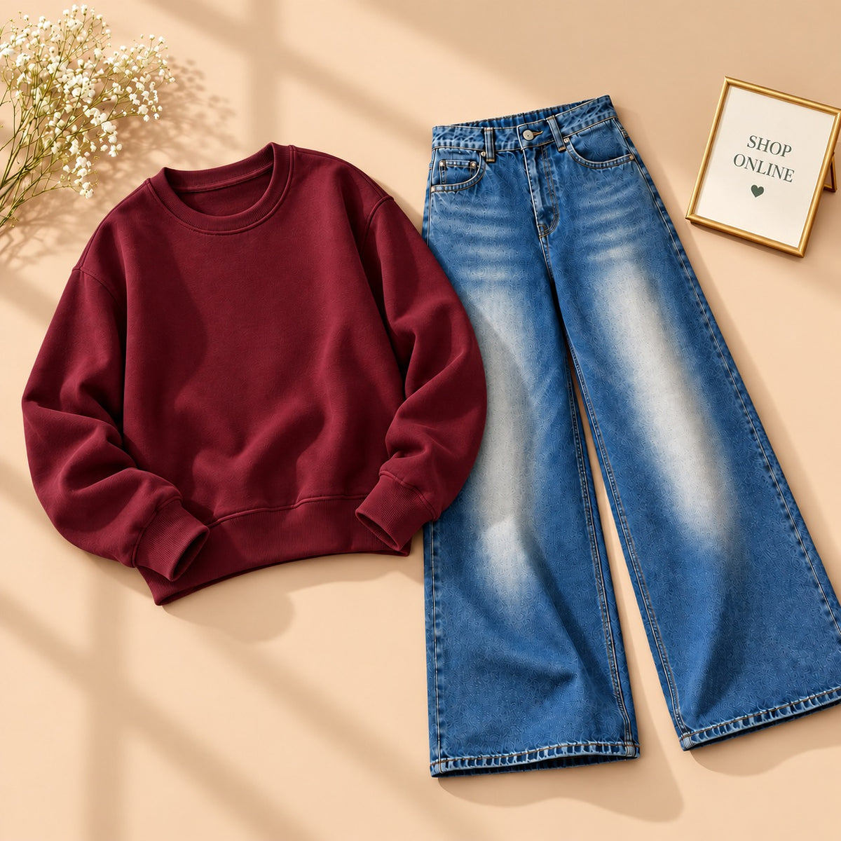 MAROON SWEATSHIRT WITH VINTAGE DARK BLUE WIDE LEG JEANS