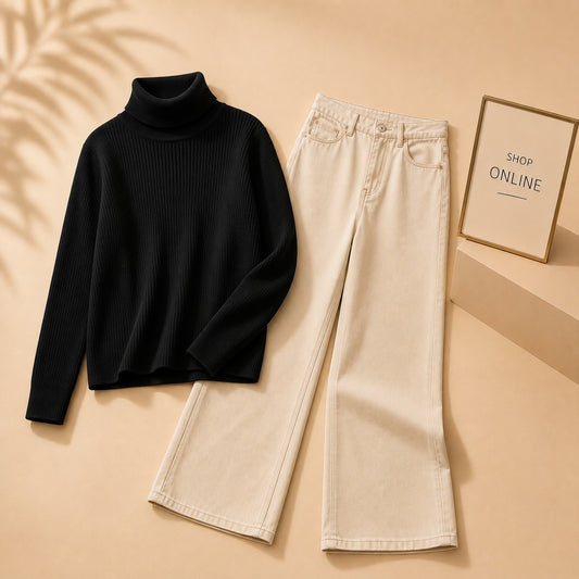 BLACK HIGH NECK WITH BEIGE WIDE LEG JEANS