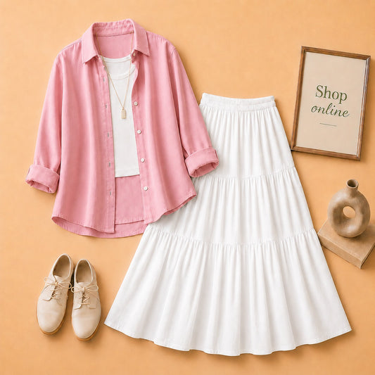 PINK BUTTON SHIRT WITH WHITE TANKTOP AND WHITE 3 TIER SKIRT
