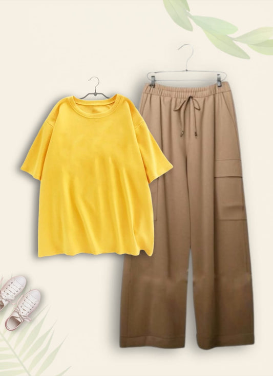 PLAIN YELLOW TSHIRT WITH BEIGE CARGO TROUSER