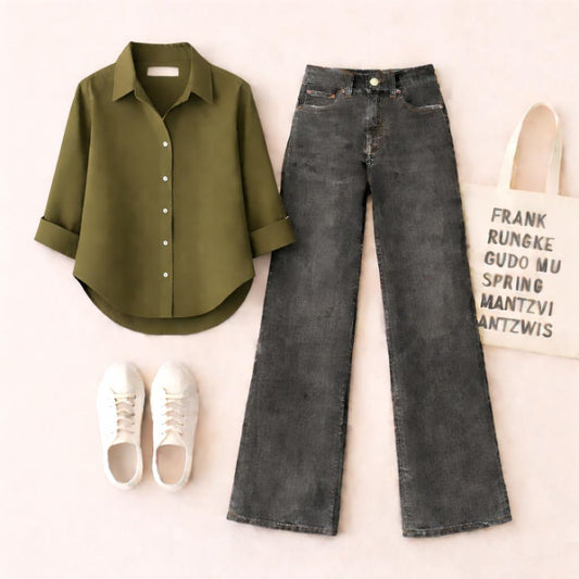 OLIVE GREEN BUTTON SHIRT WITH MALAYSIAN BLACK WIDE LEG JEANS