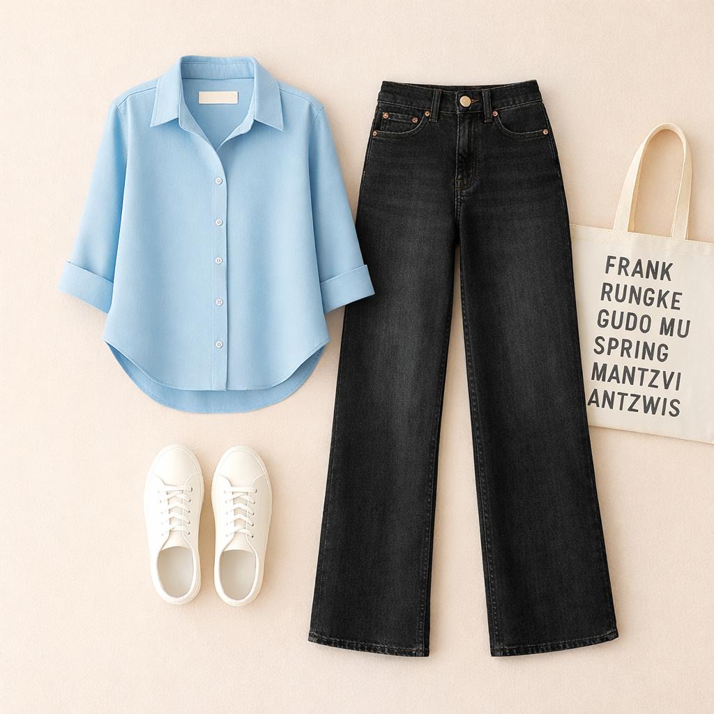 LIGHT BLUE BUTTON SHIRT WITH MALAYSIAN BLACK WIDE LEG JEANS