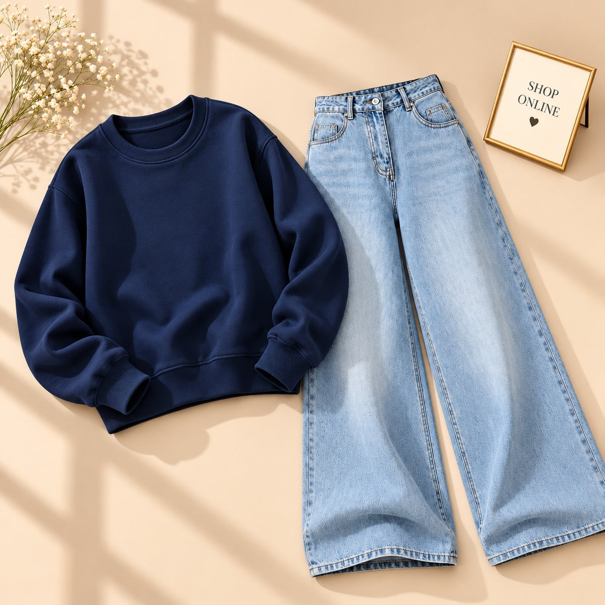 NAVY BLUE SWEATSHIRT WITH VINTAGE ICE BLUE WIDE LEG JEANS
