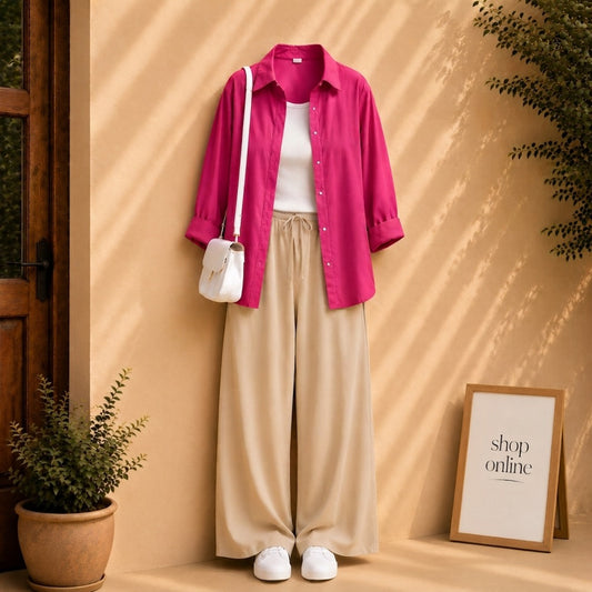 HOT PINK BUTTON SHIRT WITH WHITE TANKTOP AND BEIGE FLAPPER
