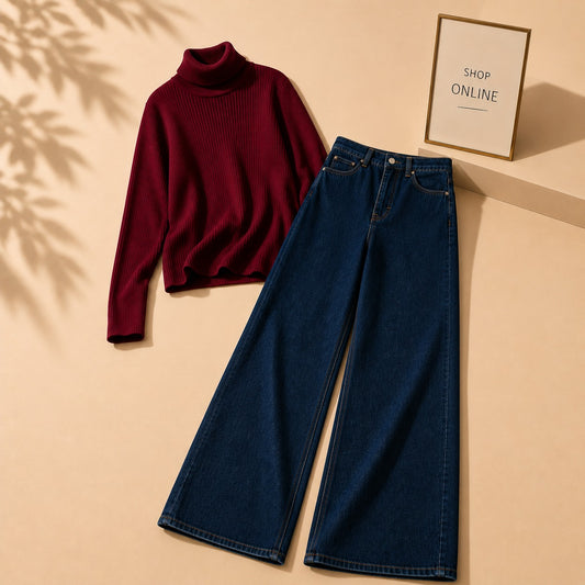MAROON HIGH NECK WITH DARK BLUE WIDE LEG JEANS
