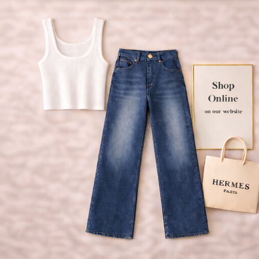 WHITE TANKTOP WITH DARK BLUE WIDE LEG JEANS