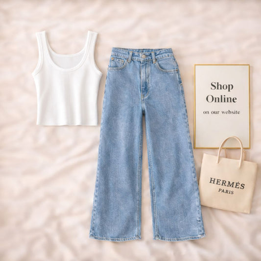 WHITE TANKTOP WITH SKY BLUE WIDE LEG JEANS