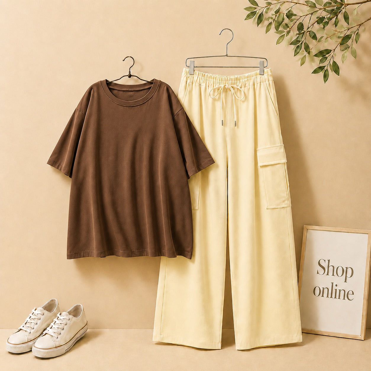 DARK BROWN DROP SHOULDER WITH BIEGE CARGO TROUSER