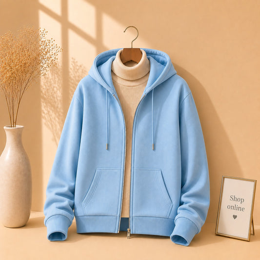 SKY BLUE ZIPPER HOODIE WITH BEIGE HINECK