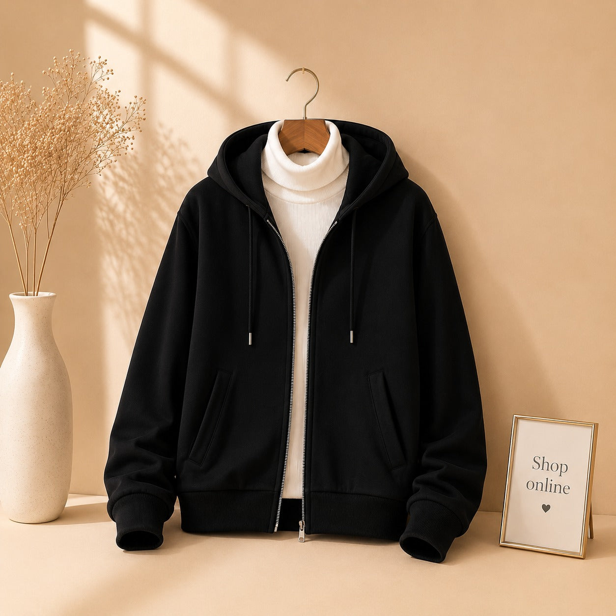 BLACK ZIPPER HOODIE WITH WHITE HINECK