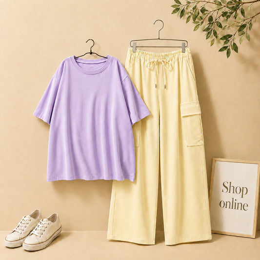 LILAC DROP SHOULDER WITH BIEGE CARGO TROUSER