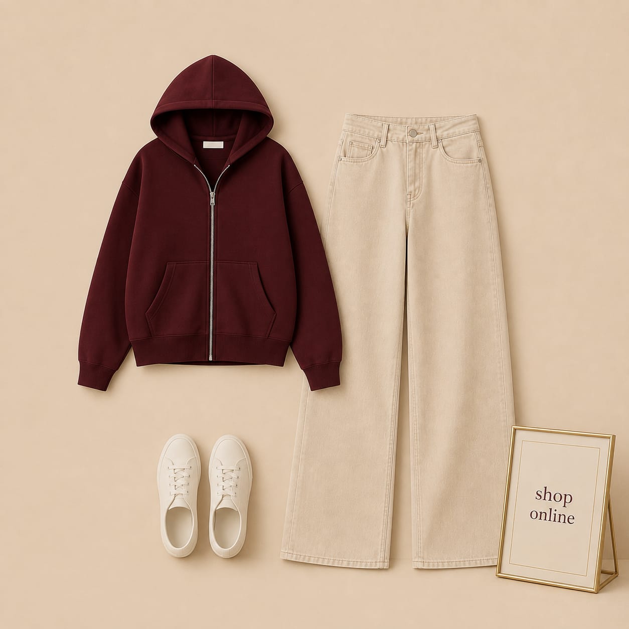MAROON ZIPPER HOODIE WITH BEIGE WIDE LEG JEANS