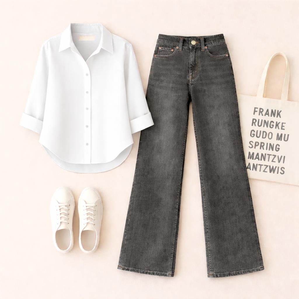 WHITE BUTTON SHIRT WITH MALAYSIAN BLACK WIDE LEG JEANS