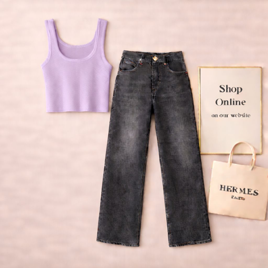 LILAC TANKTOP WITH MALAYSIAN BLACK WIDE LEG JEANS