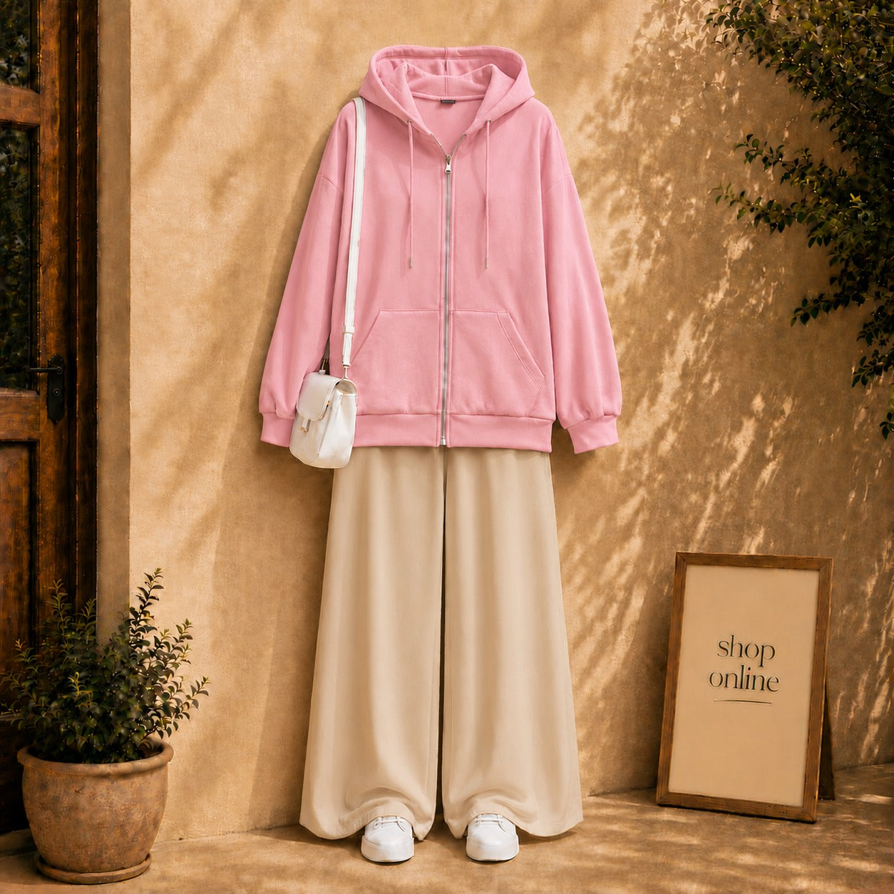 PINK ZIPPER HOODIE WITH BEIGE FLAPPER