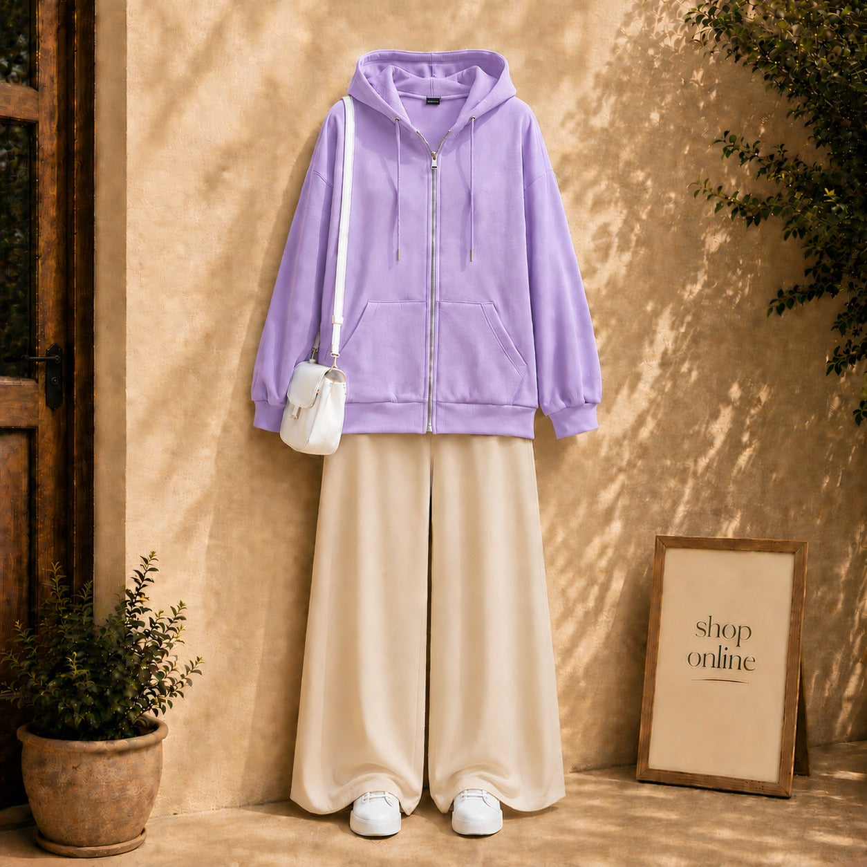 LILAC ZIPPER HOODIE WITH BEIGE FLAPPER