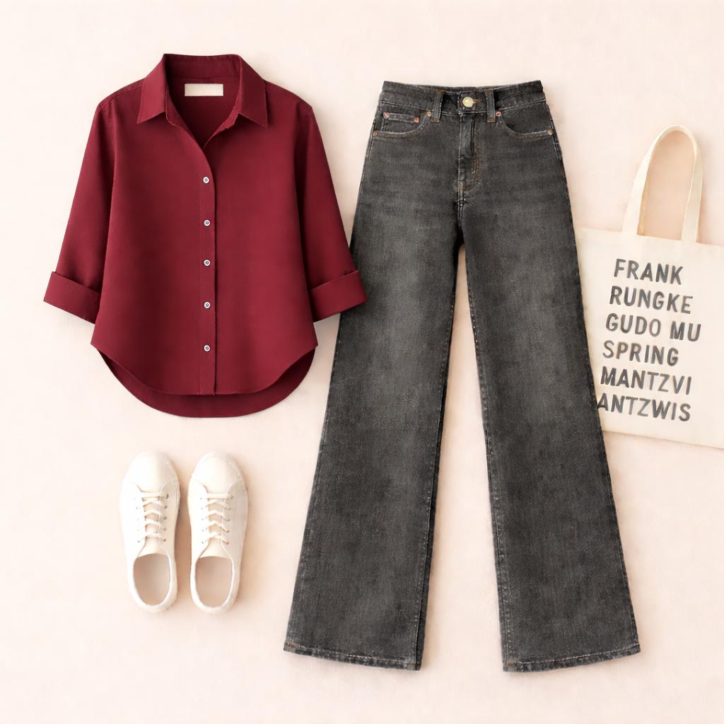 MAROON BUTTON SHIRT WITH MALAYSIAN BLACK WIDE LEG JEANS
