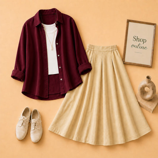 MAROON BUTTON SHIRT WITH WHITE TANKTOP AND BEIGE TWILL SKIRT