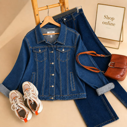 DARK BLUE DENIM JACKET WITH DARK BLUE WIDE LEG JEANS