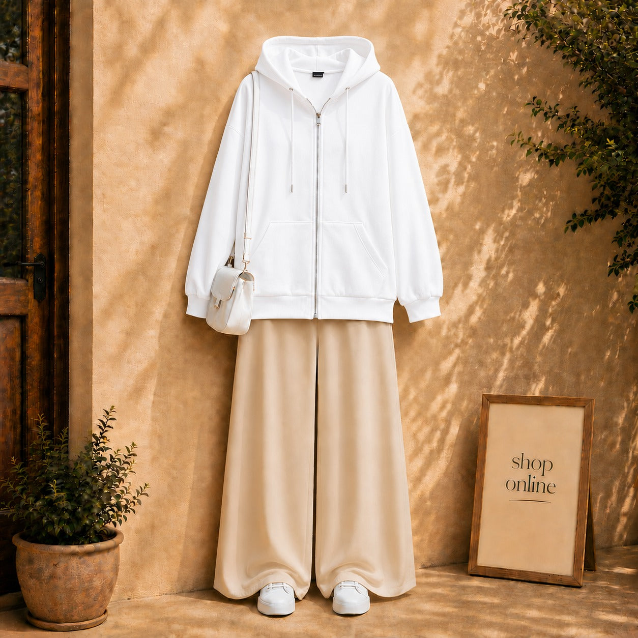 WHITE ZIPPER HOODIE WITH BEIGE FLAPPER