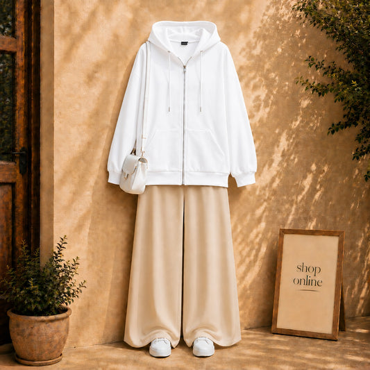 WHITE ZIPPER HOODIE WITH BEIGE FLAPPER