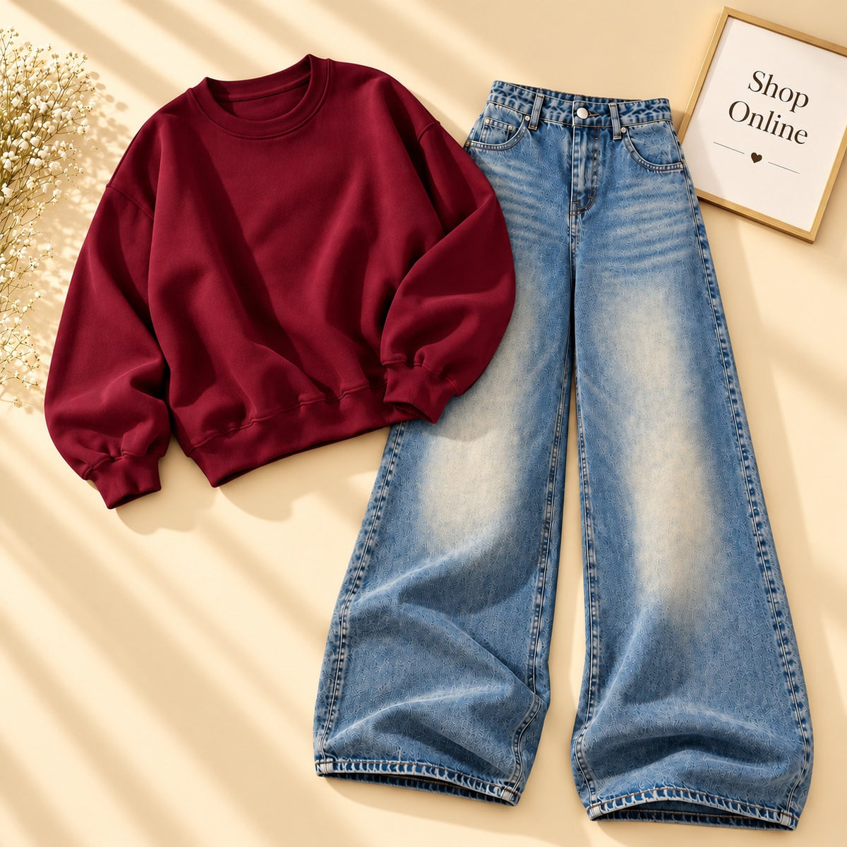 MAROON SWEATSHIRT WITH VINTAGE SKY BLUE WIDE LEG JEANS