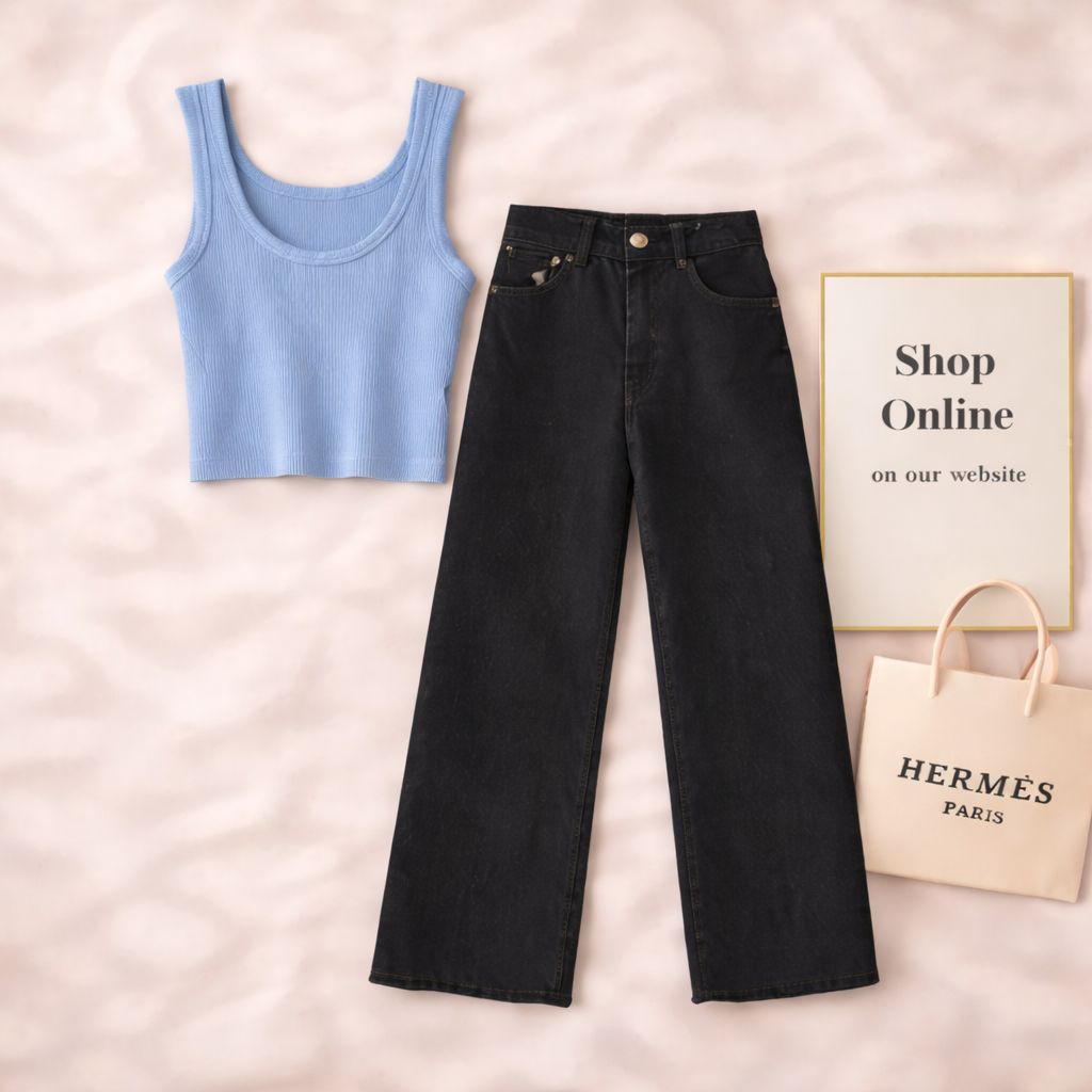 SKY BLUE TANKTOP WITH BLACK WIDE LEG JEANS