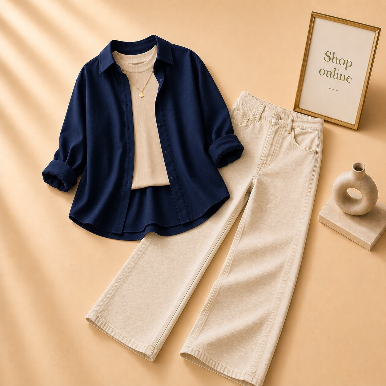 NAVY BLUE BUTTON SHIRT WITH BEIGE TANKTOP AND BEIGE WIDE LEG JEANS (3PCS)