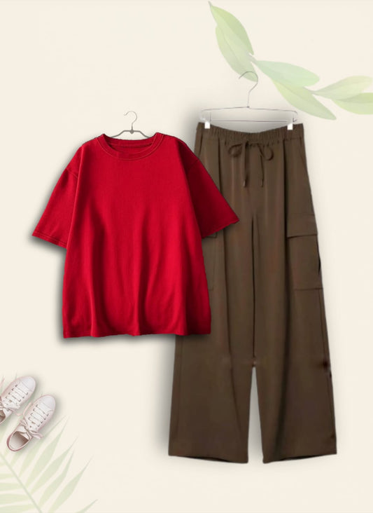 PLAIN RED TSHIRT WITH BROWN CARGO TROUSER