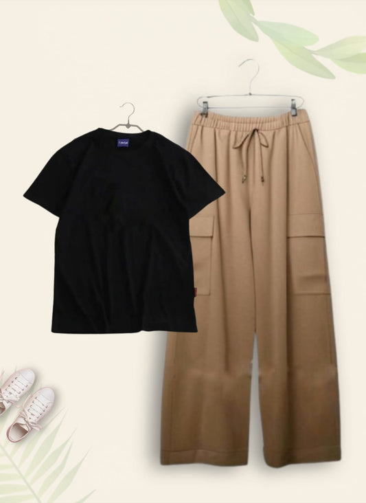 PLAIN BLACK TSHIRT WITH BEIGE CARGO TROUSER