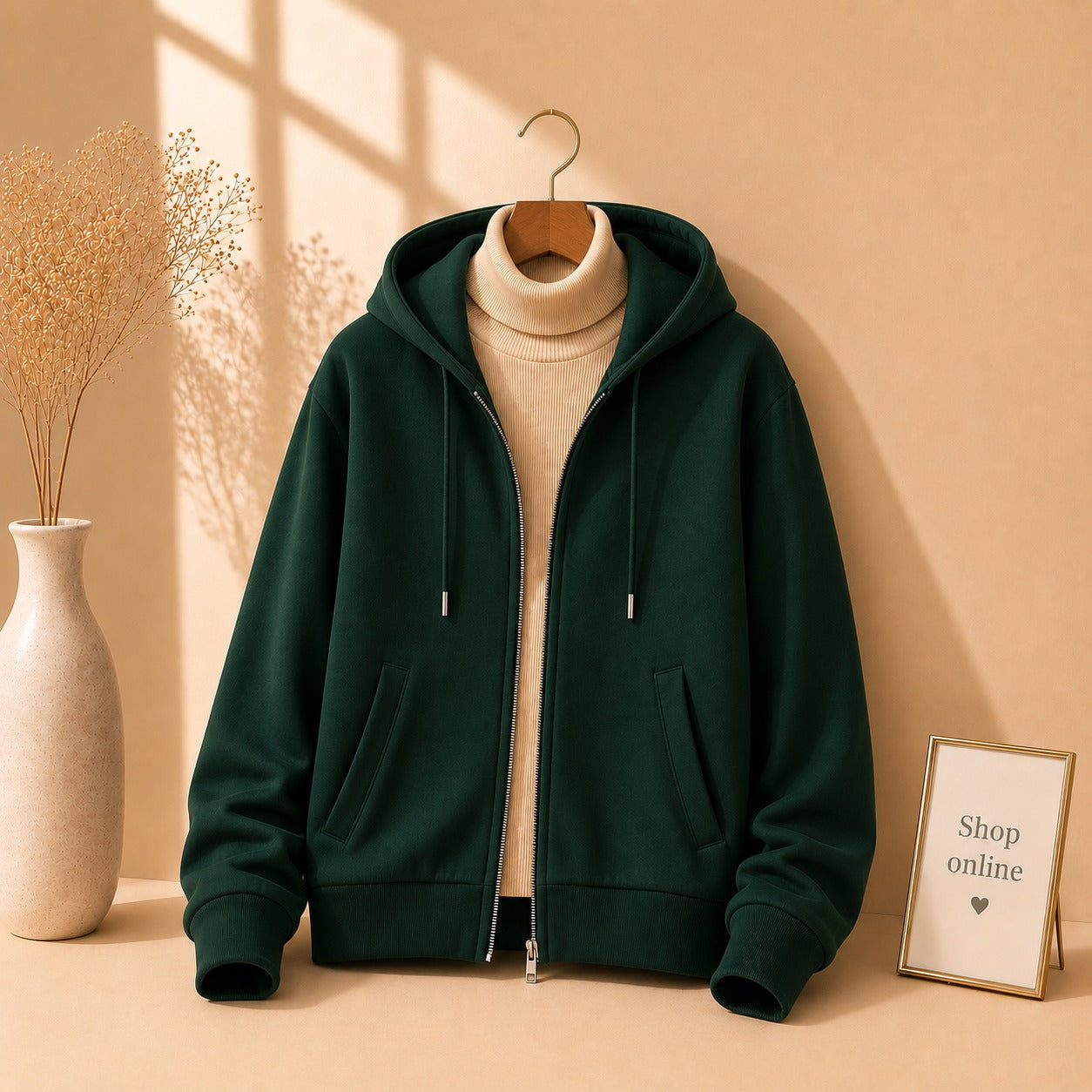 BOTTLE GREEN ZIPPER HOODIE WITH BEIGE HINECK