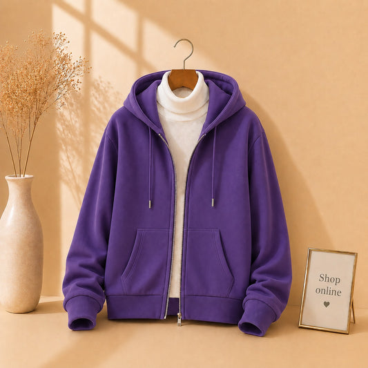 PURPLE ZIPPER HOODIE WITH WHITE HINECK