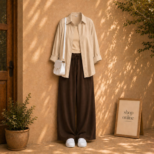BEIGE BUTTON SHIRT WITH BEIGE TANKTOP AND BROWN FLAPPER