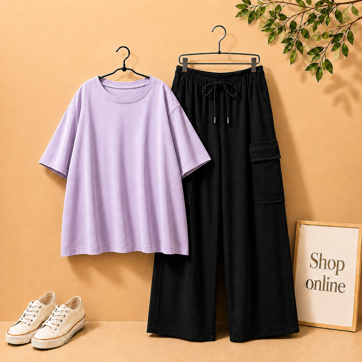 LILAC DROP SHOULDER WITH BLACK CARGO TROUSER