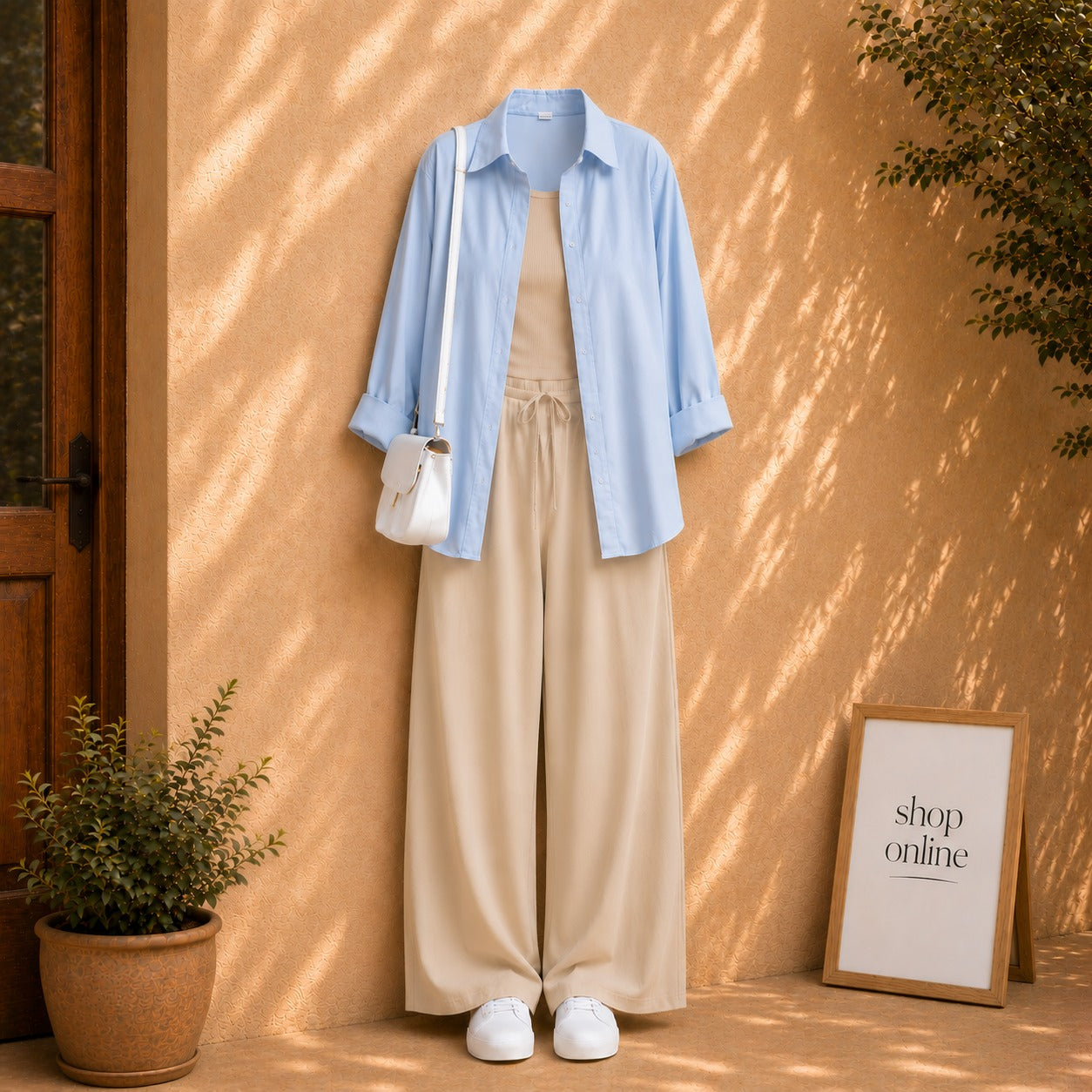 SKY BLUE BUTTON SHIRT WITH BEIGE TANKTOP AND BEIGE FLAPPER