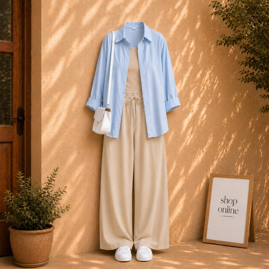 SKY BLUE BUTTON SHIRT WITH BEIGE TANKTOP AND BEIGE FLAPPER