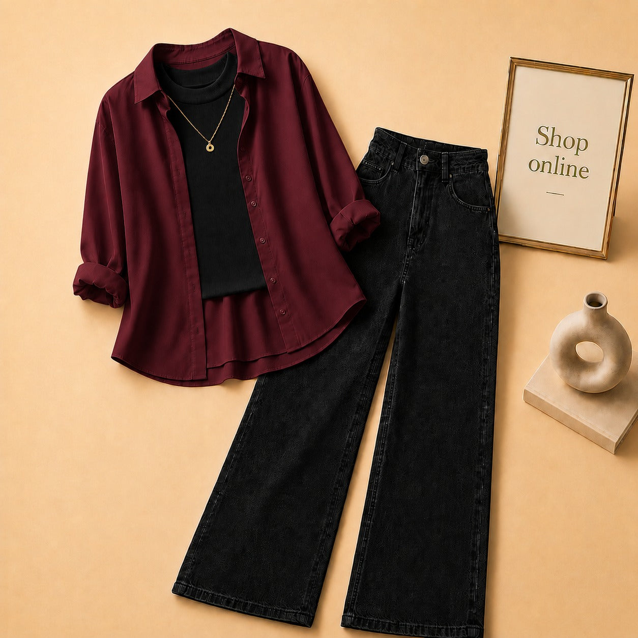 MAROON BUTTON SHIRT WITH BLACK TANKTOP AND BLACK WIDE LEG JEANS (3PCS)