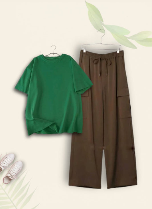 PLAIN BOTTLE GREEN TSHIRT WITH BROWN CARGO TROUSER