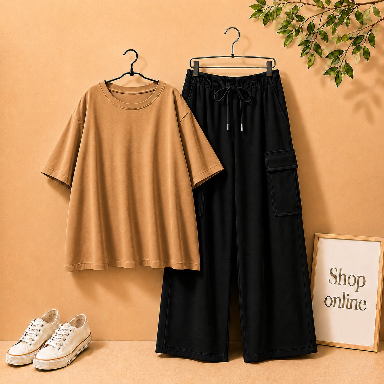 LIGHT BROWN DROP SHOULDER WITH BLACK CARGO TROUSER