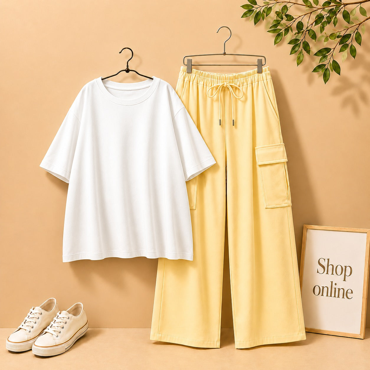 WHITE DROP SHOULDER WITH BIEGE CARGO TROUSER