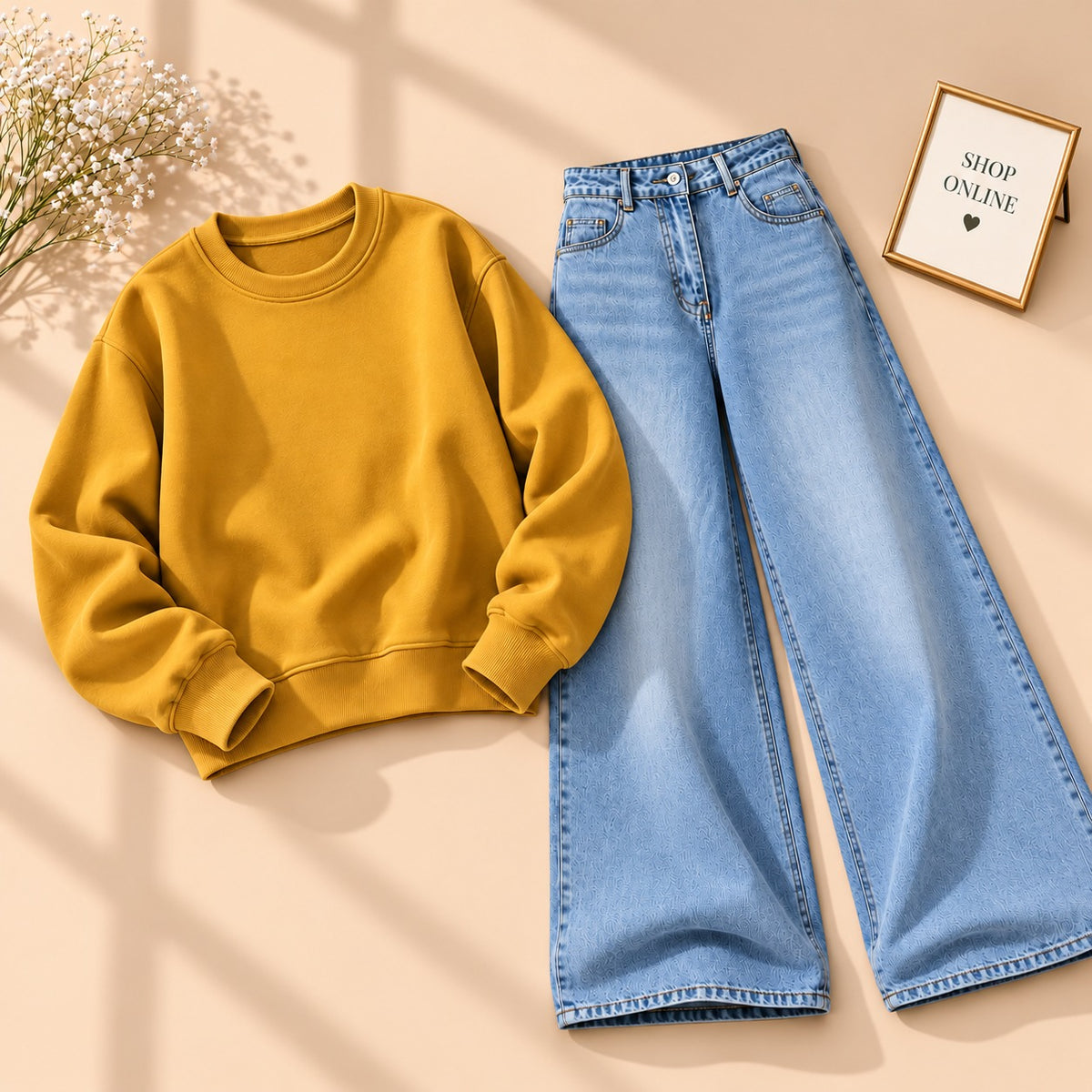 MUSTARD SWEATSHIRT WITH VINTAGE ICE BLUE WIDE LEG JEANS