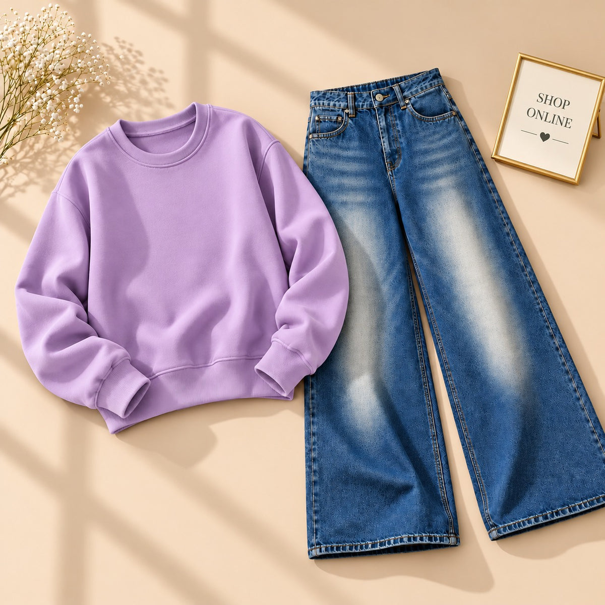 LILAC SWEATSHIRT WITH VINTAGE DARK BLUE WIDE LEG JEANS