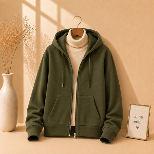 OLIVE GREEN ZIPPER HOODIE WITH BEIGE HINECK