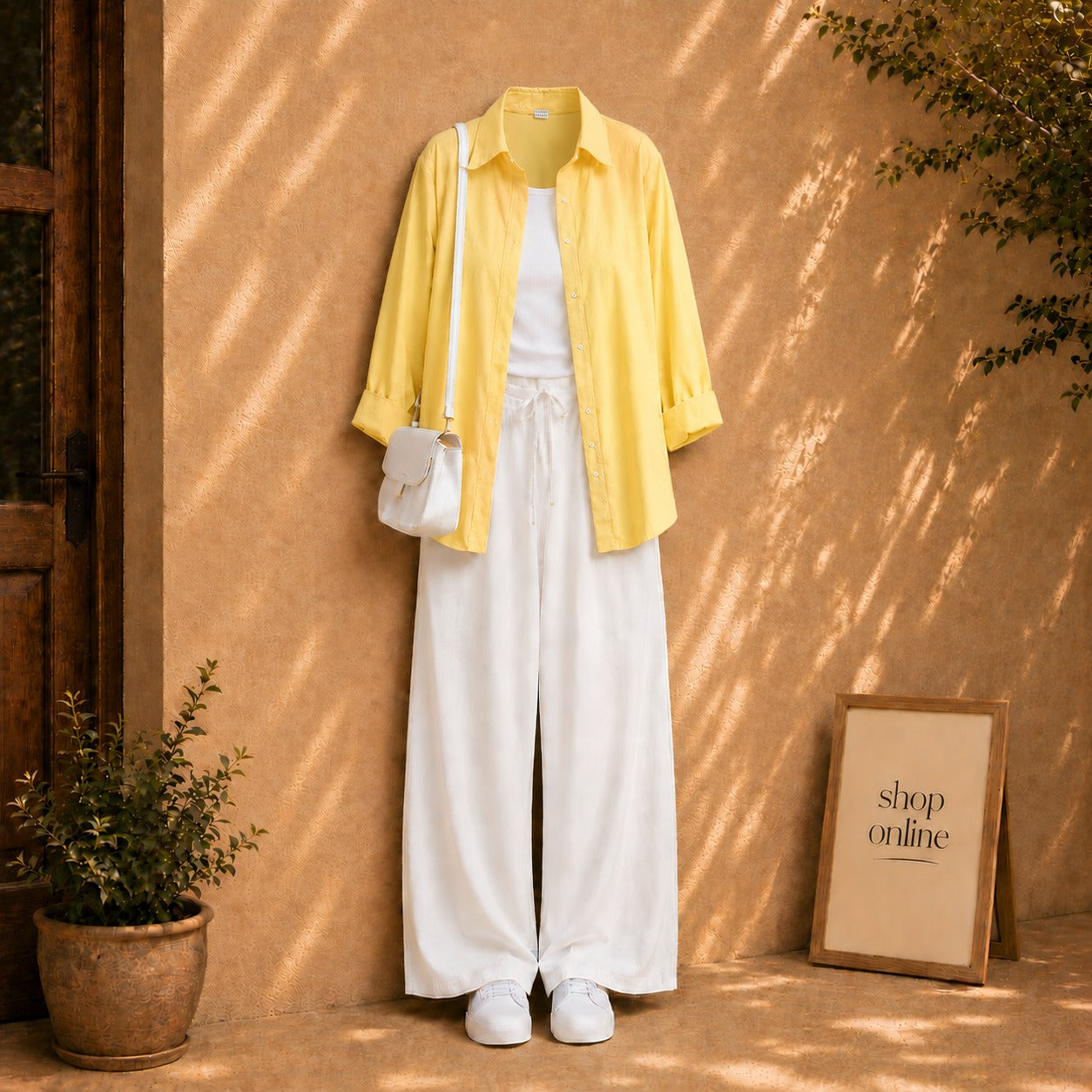 YELLOW BUTTON SHIRT WITH WHITE TANKTOP AND WHITE FLAPPER