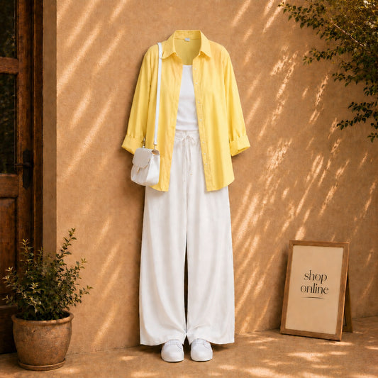 YELLOW BUTTON SHIRT WITH WHITE TANKTOP AND WHITE FLAPPER