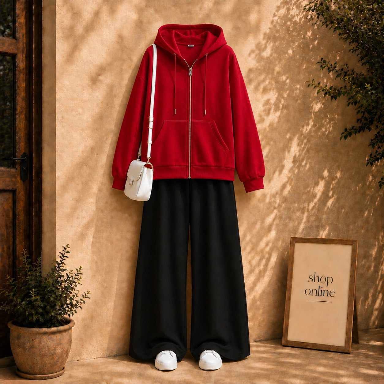 RED ZIPPER HOODIE WITH BLACK FLAPPER