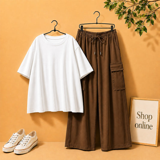 WHITE DROP SHOULDER WITH BROWN CARGO TROUSER